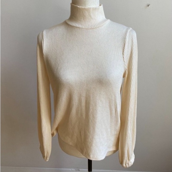 Madewell Cream Ribbed Mock Neck Bubble Sleeve Top - Picture 1 of 5